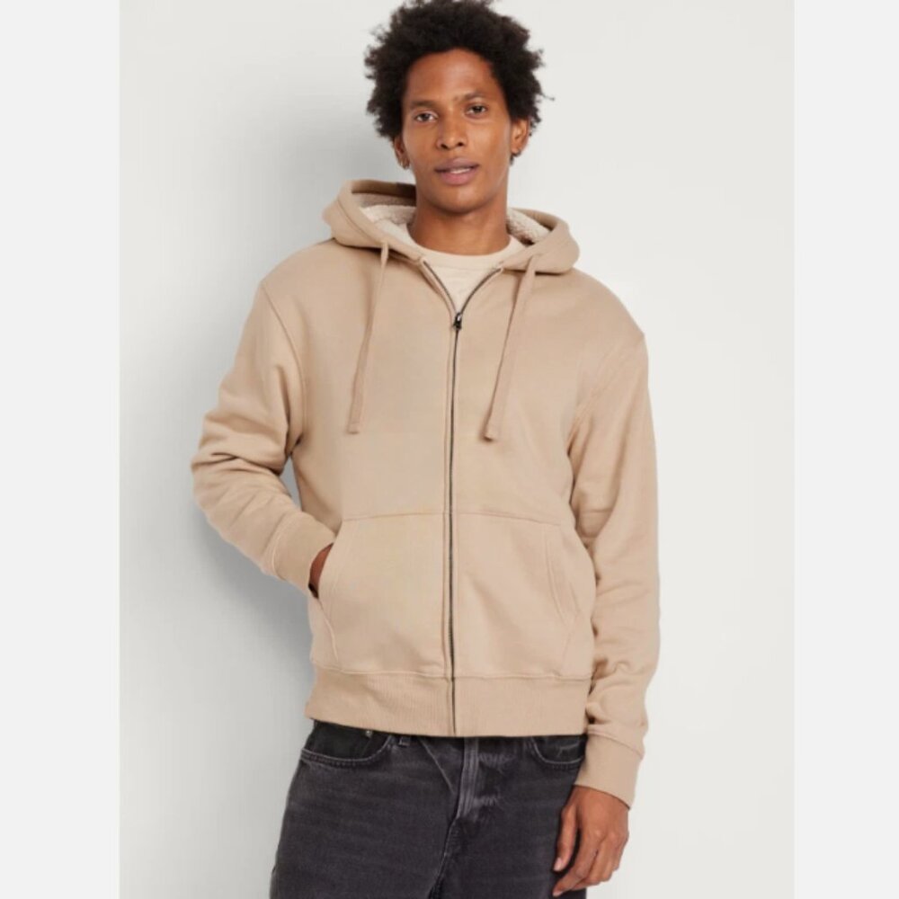 Old Navy Men's Beige Sherpa-Lined Zip Front Hoodie S